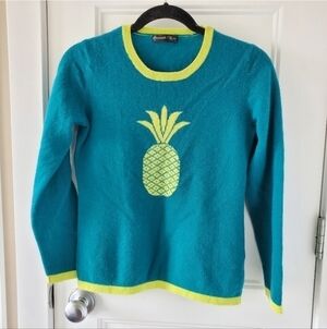Hannah Rose Cashmere Pineapple Sweater Teal Blue M